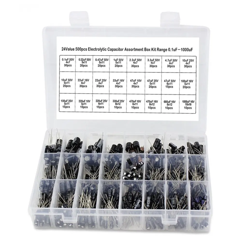 

500Pcs 0.1UF-1000UF 24 Values Aluminum Electrolytic Capacitors 16-50V Mix Electrolytic Capacitor Assorted Kit with Box
