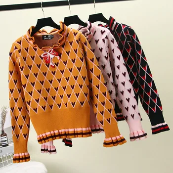 

Women's knitted sweater Diamond love jacquard Elegant Bow Tie Neck Long Sleeve Work Office Blouse Top