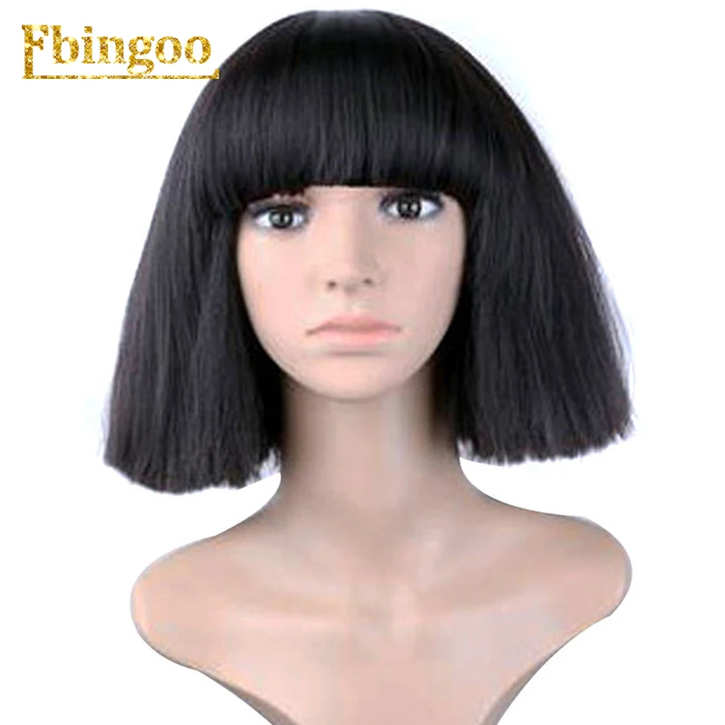 

Ebingoo Hair Cap+ High Temperature Fiber Black Flat Bangs Sia Straight Yaki Style Synthetic Cospaly Wig For Party