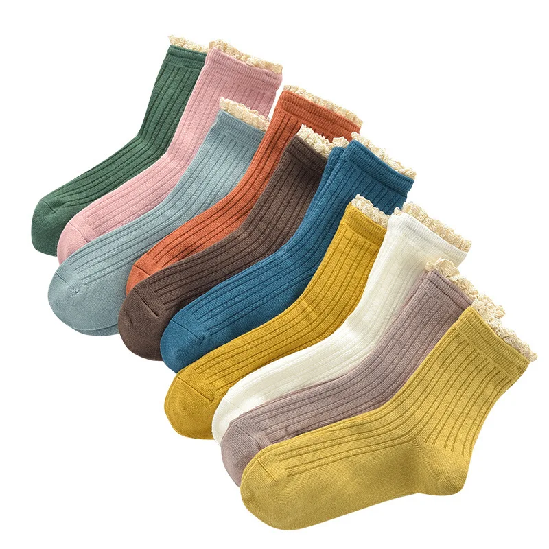 MS Girls fashion lace ruffled soft cotton women's socks quality spring and summer cute socks breathable solid color pile socks