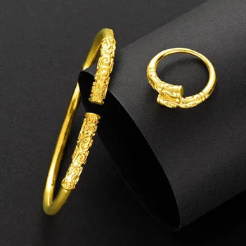 

Personality Yellow Gold Filled Cuff Bangle Ring Set for Men Women Lovers Jewelry Gift