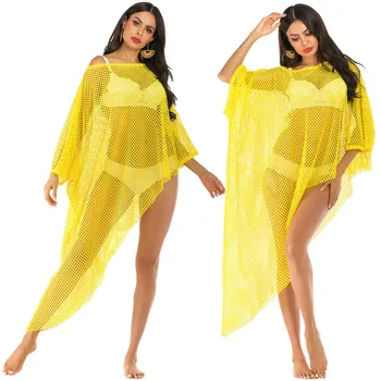 

Bikini Cover Up Beach Pareos Woman Covered Bathing Outings Dress Off Shoulder One Line Long Sleeve Hollow Sexy Mesh Loose Solid