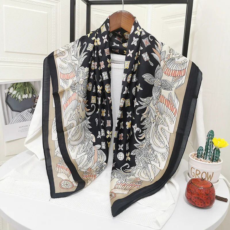 Designer Brand NEW Spring Women Silk Square Scarf Fashion Printed Scarves Black Blue Lady Shawls Femme Hijab 90*90cm |