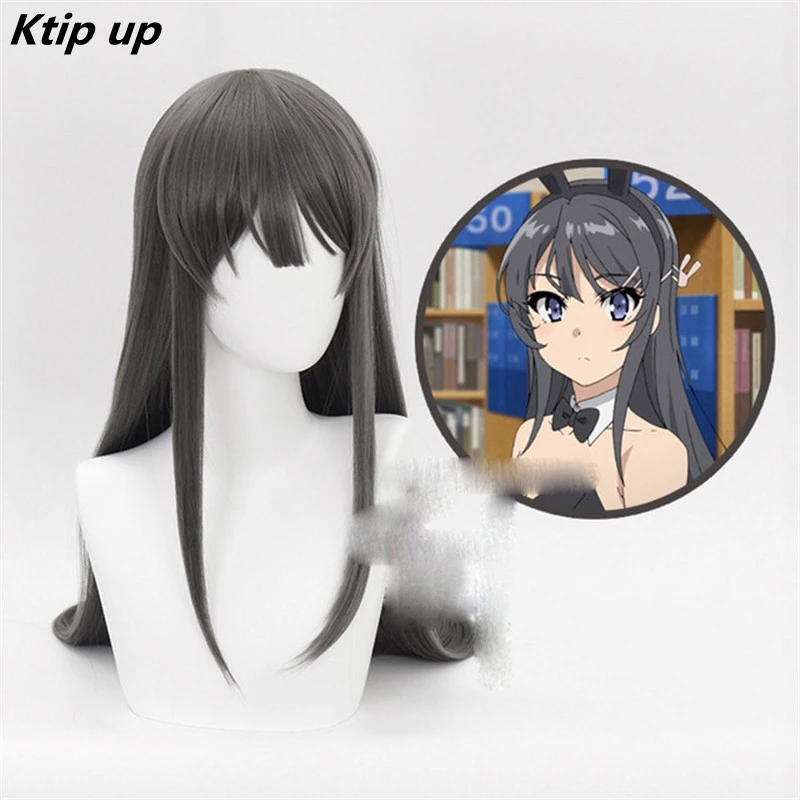 

Ktip Up Rascal Does Not Dream Of Bunny Girl Senpai Sakurajima Mai Cosplay Wigs Synthetic Hair Long Straight Gray Hair + Wig Cap