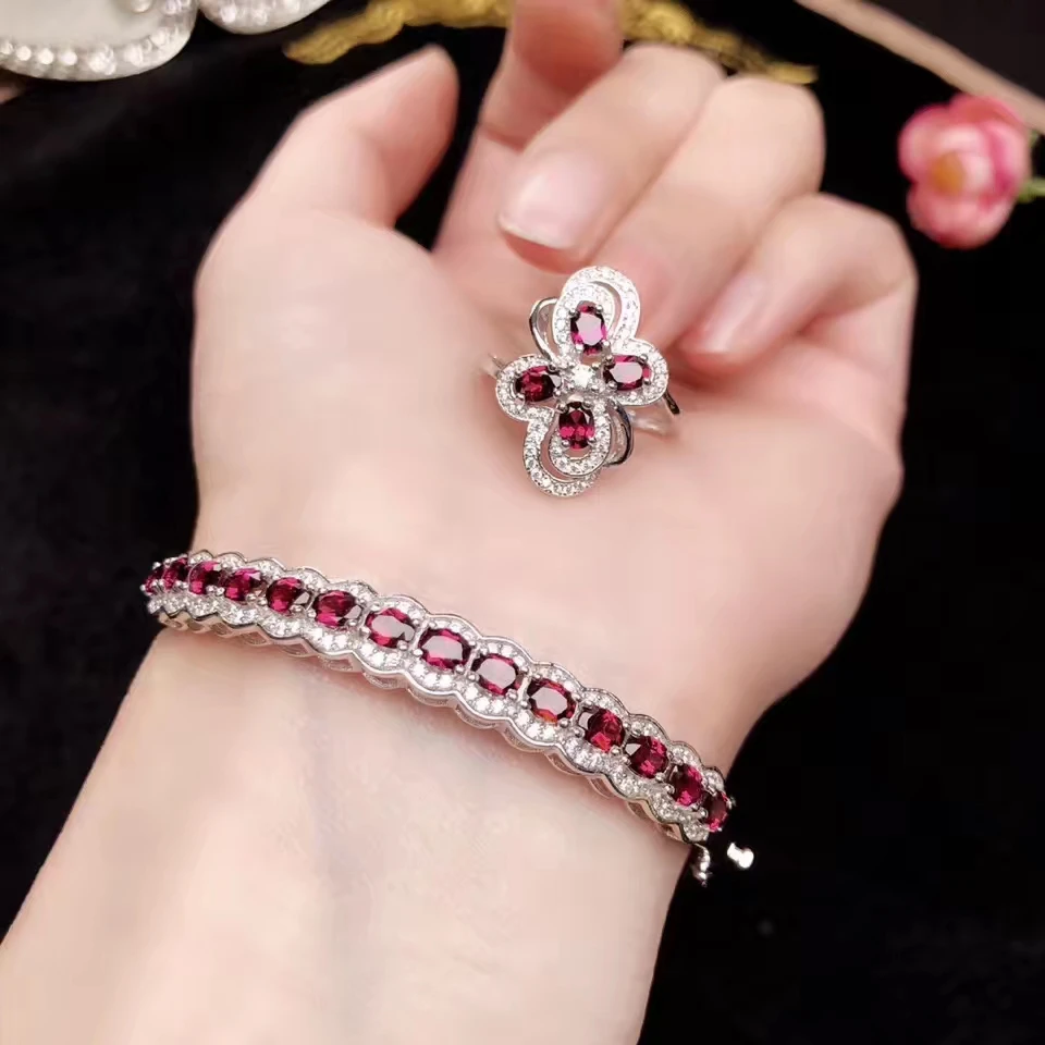 Очаровательный красный драгоценный камень, гранат, кольцо и браслет из серебра, ювелирные украшения, набор винно-красного цвета, натуральный камень, подарок для девочки на день рождения