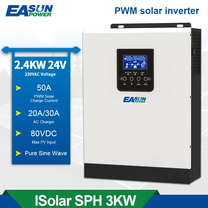 Contrôleur de charge solaire 24V 2400W contrôleur de charge hybride à onde sinusoïdale pure 2400W 50A 3KVA