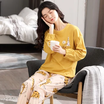 

Autumn Cotton Cartoon Pajamas Set Women Pyjamas Sleepwear Loose Long sleeve Pijama Mujer Home Clothes Long Pants Night suit 2pcs