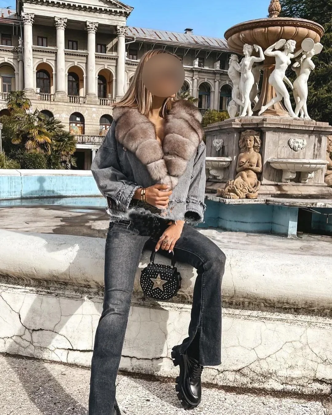 Denim Coat with Real Large Fox Fur Collar for Women, Furry Jacket, Fluffy Suit, Luxurious Brown and Yellow Coat, Winter Fashion
