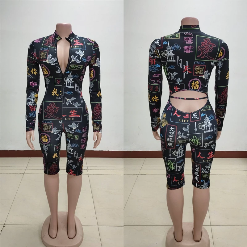 ANJAMANOR Sexy Print Rompers Womens Fashion Spandex One Piece Bodycon Jumpsuit Club Outfits 2020 Clothes for Women D35-AD22