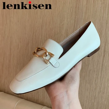 

Lenkisen elegant full grain leather square toe women slip on flats metal chain decorations deep mouth slip on brand shoes L99