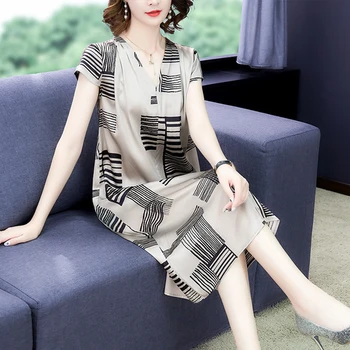 

2020 Spring Summer Women Print Silk Dress Stripe Temperament Vintage V-neck Midi Dresses Middle Aged Mother Straight