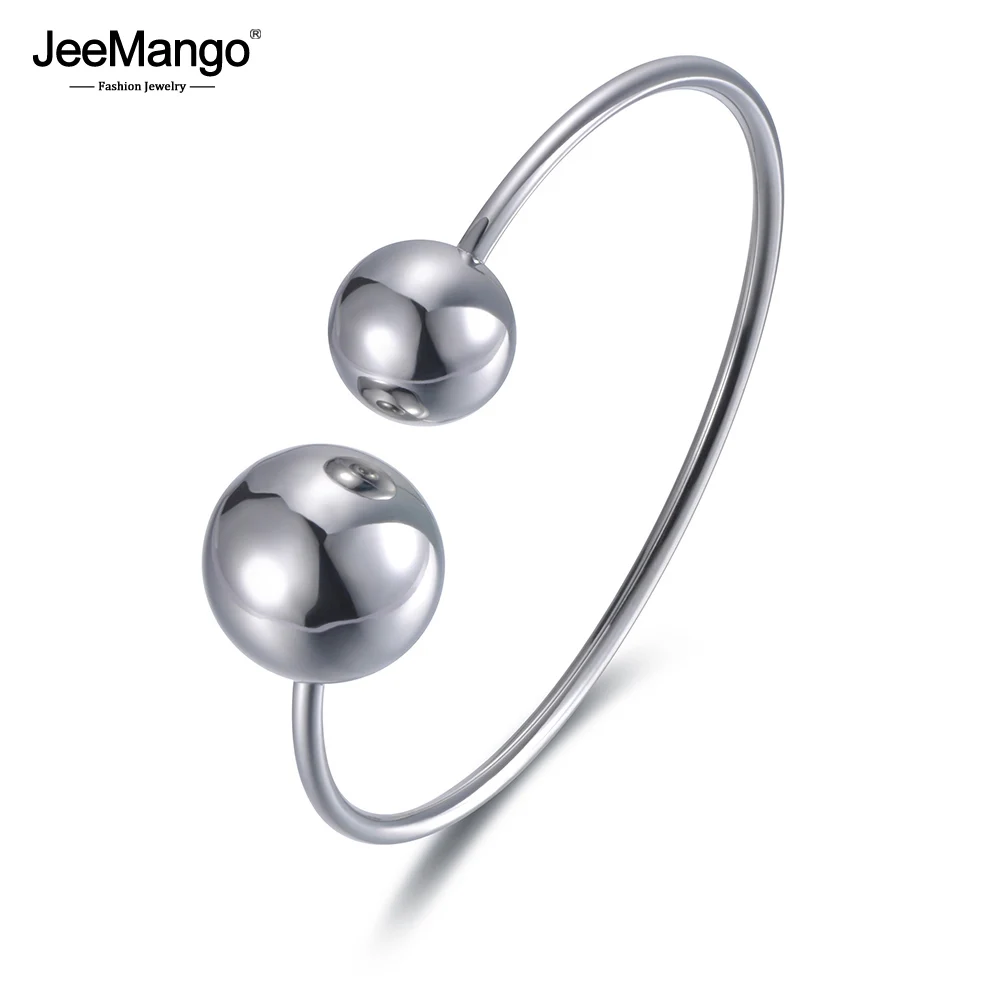 

JeeMango Trendy Double Big Ball Stainless Steel Cuff Bracelet Jewelry For Women Silver Bracelet Bangle Valentine Gift JB19009