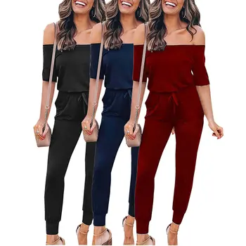 

Summer New Style WOMEN'S Casual Pants Off-Shoulder Half-sleeve Shirt Drawstring Lace Onesie Black Jumpsuit Solid Sexy Jumpsuit