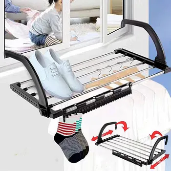 

Folding Towel Drying Rack Stainless Steel Clothes Hanging Racks with Clips for Balcony Windowsill DC156