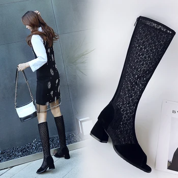 

Women's High Heels peep Toe Summer Shoes Woman knee high boots Breathable Lace women Boots party wedding shoes woman