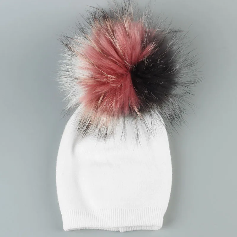 White 3C-4 Newborn Girls Boys Kids Warm Plain Cotton Skullies Beanie Baby Cashmere Beanies Hats with Patchwork Raccoon Pompom for Kids - Цвет: White 3C-4