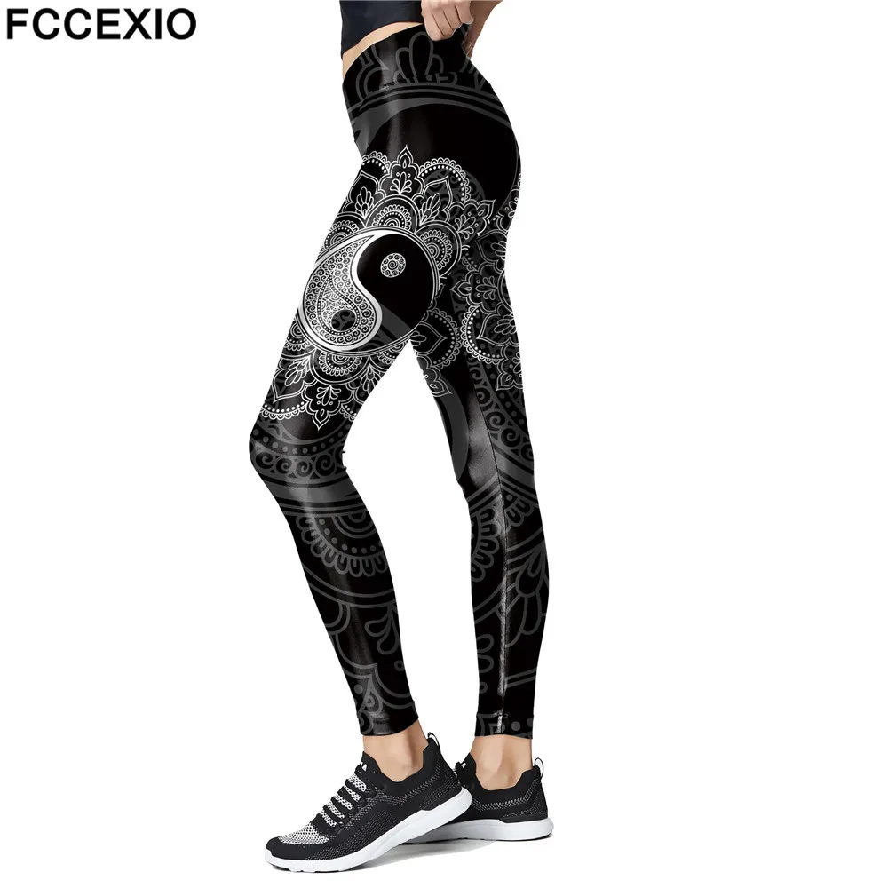 FCCEXIO Mandala Yin And Yang Print Leggings High Waist Workout Pants For Women Slim Flower Leggins Outwear Fitness Legins | Женская
