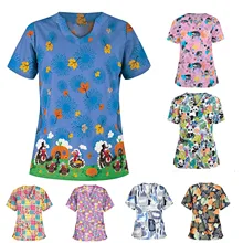 Scrubs Women Blouse Uniform Tops Nurse-Accessories Cartoon-Print Short-Sleeves V-Neck