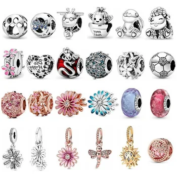 

Fashion Original Pandoras 925 sterling silver Pink Daisy Flower Pendant Dangle Charm beads For Woman DIY Jewelry Bracelets Gift