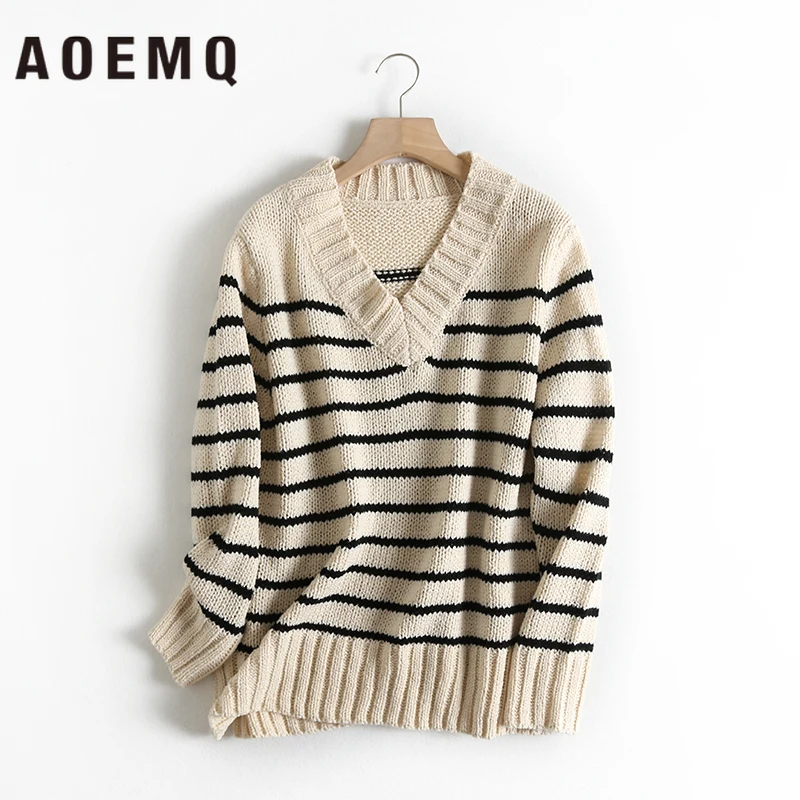 

AOEMQ Thick Warm Sweaters Winter Christmas Sweaters V-Neck Pullovers Hand Made Black Striped Print Sweaters Women Clothing