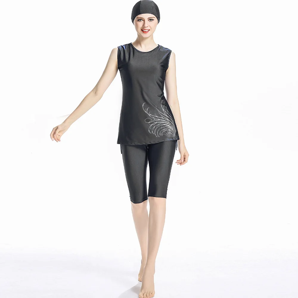 Muslim Women's Swimwear Sleeveless Islamic Women Swimsuit Two-piece Swimming Suit Conservative Short Burkini Swim Pants 3in1