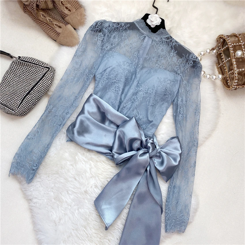 

Blus Lace Blouse Woman Spring New Sexy Elegant Transparent Lace Joint Satin Bandage Cloth Waist Lace Shirt Crop Top Ladies Tops