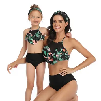 

Family Swimsuit Mother and Daughter Swimsuit Tankini Two Piece Floral Leaf Print High Waist Bikini Girls Women Bathing Suit