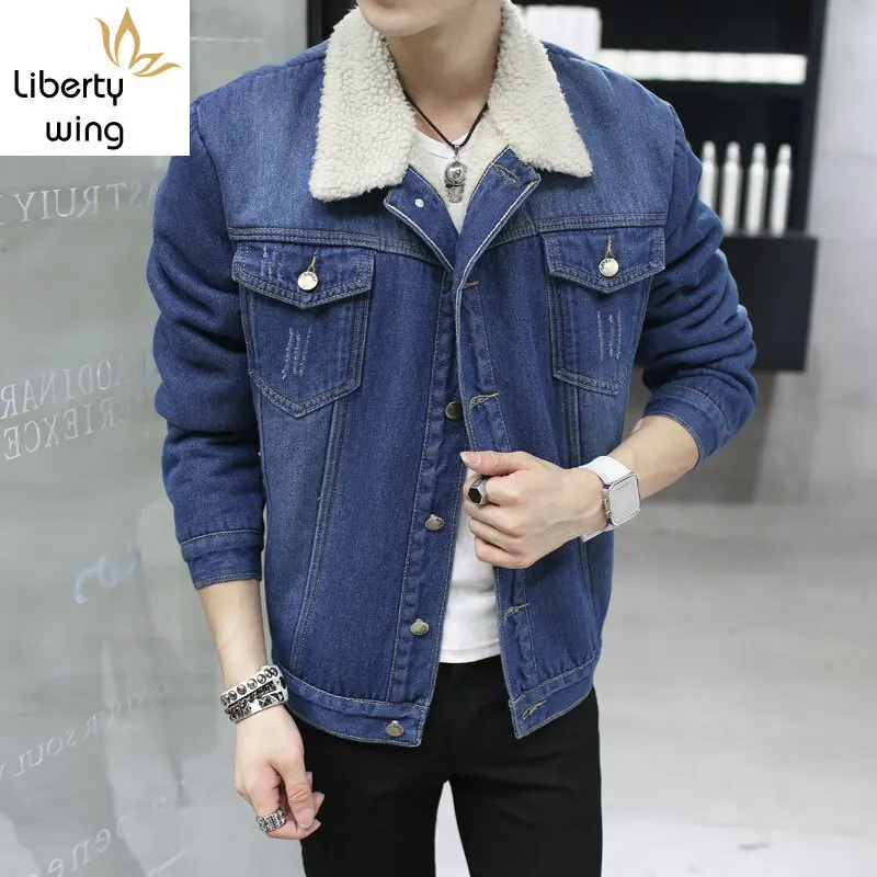 

Hole Ripped Men Single Breasted Epaulet Short Coats Male Fur Lining Warm Jackets Jean Denim Winter Youngs Slim Fit Outwear Blue