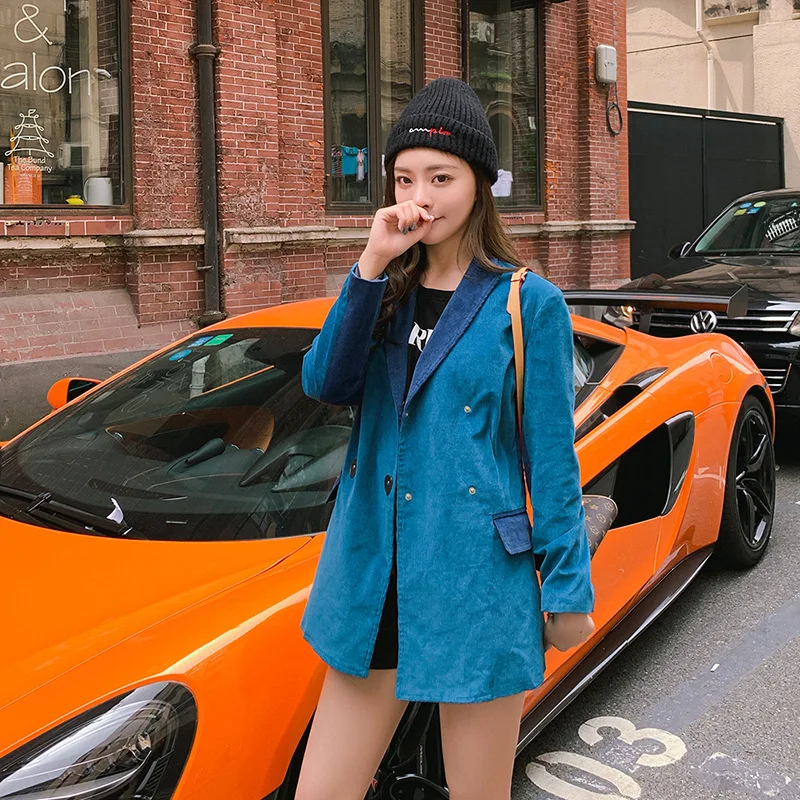 

2019 Spring And Autumn New Style Hong Small Suit-Style Retro Corduroy Suit Coat Mixed Colors Slim Fit Slimming Elegant
