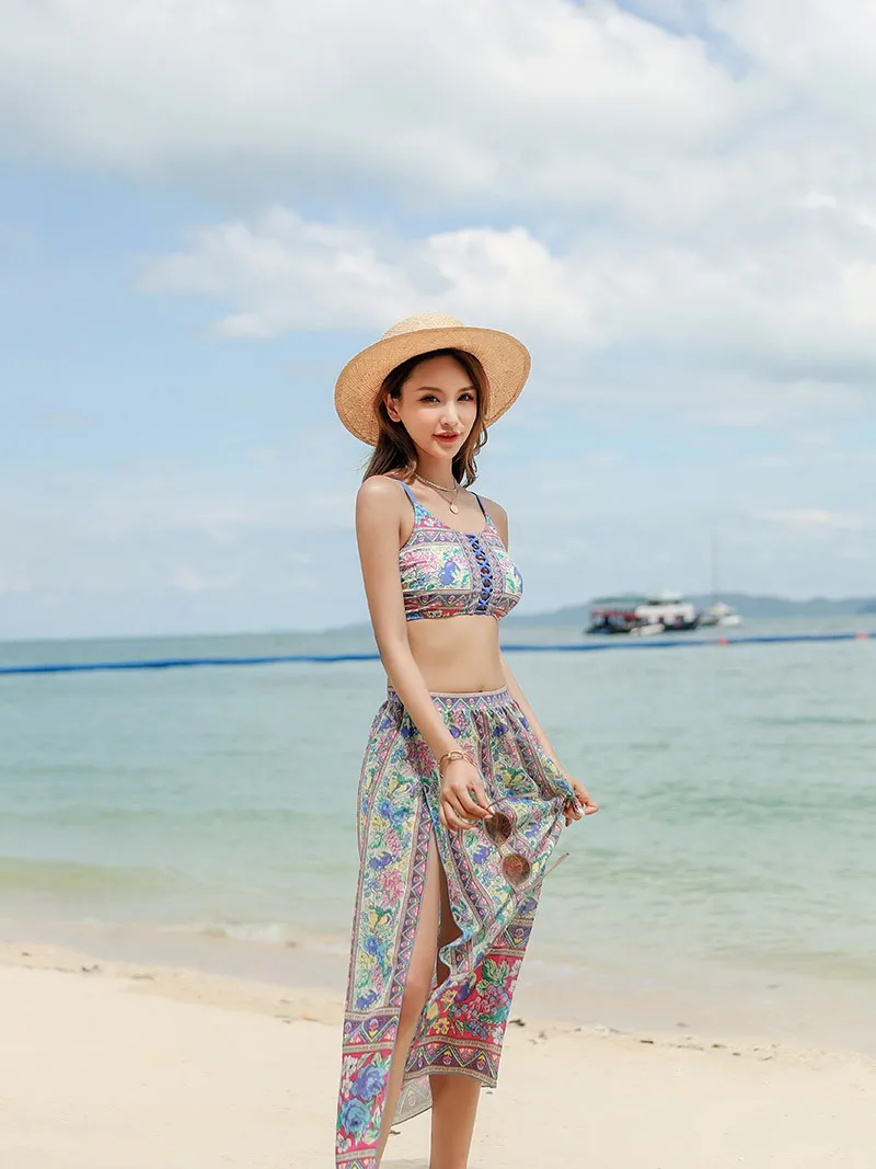 

2019 New Style Bathing Suit Women's Tennis Red Split Type Conservative Three-piece Set South Korea Students Hot Springs Graceful