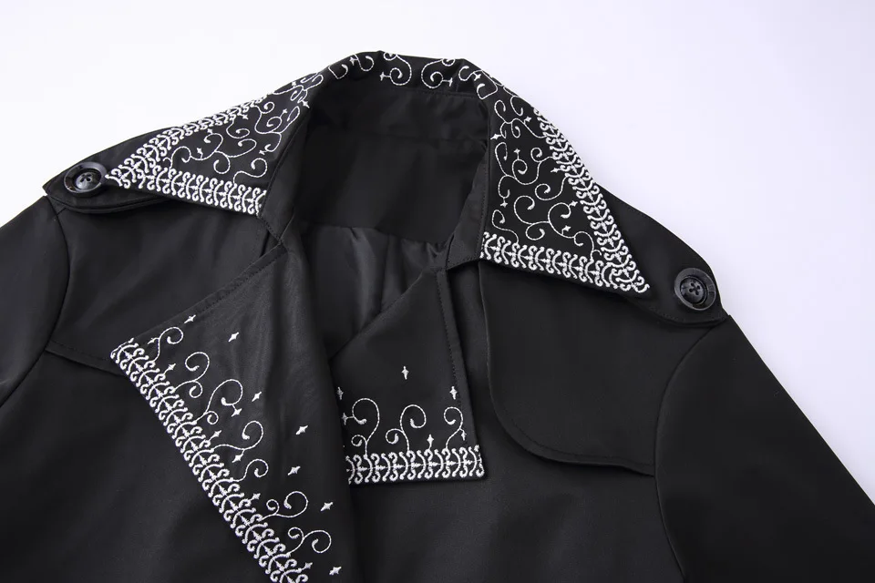 MEVGOHOT New Fall Fashion Woman Black Embroidery Elegant Bodycon Long Trench Coat Plus Size Epaulet Belt Ladies Coat HD2450