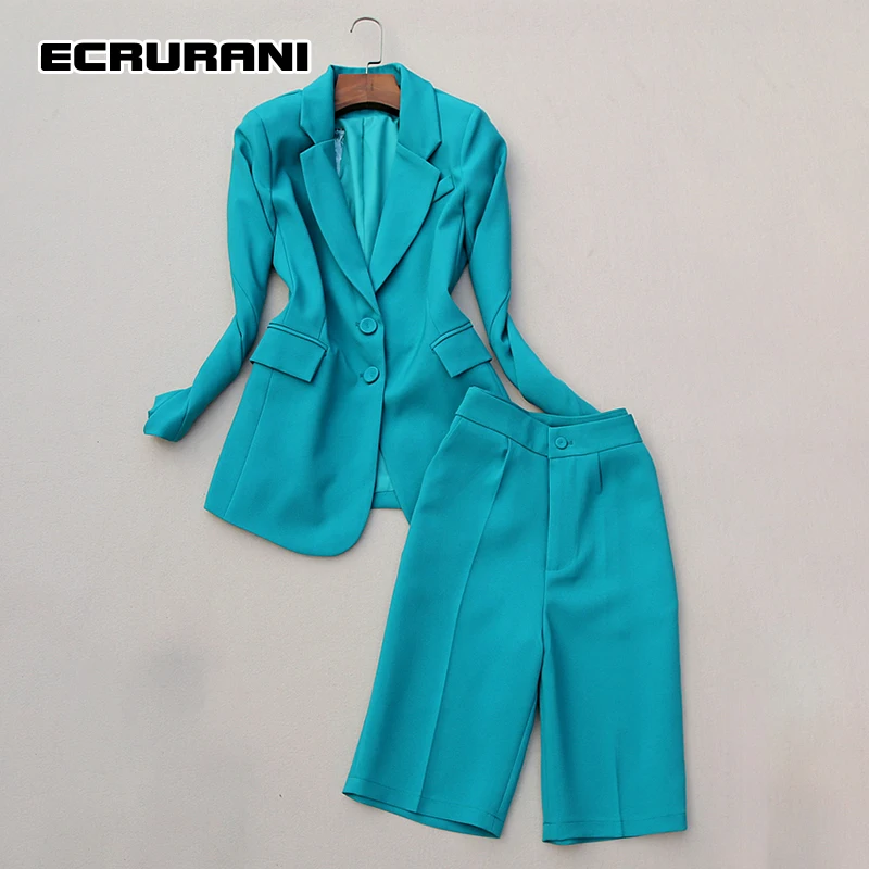 ECRURANI Casual Blazer Sets For Women Lapel Long Sleeve Blazers High Waist Wide Leg Shorts Women's Suits 2021 Autumn New Clothes