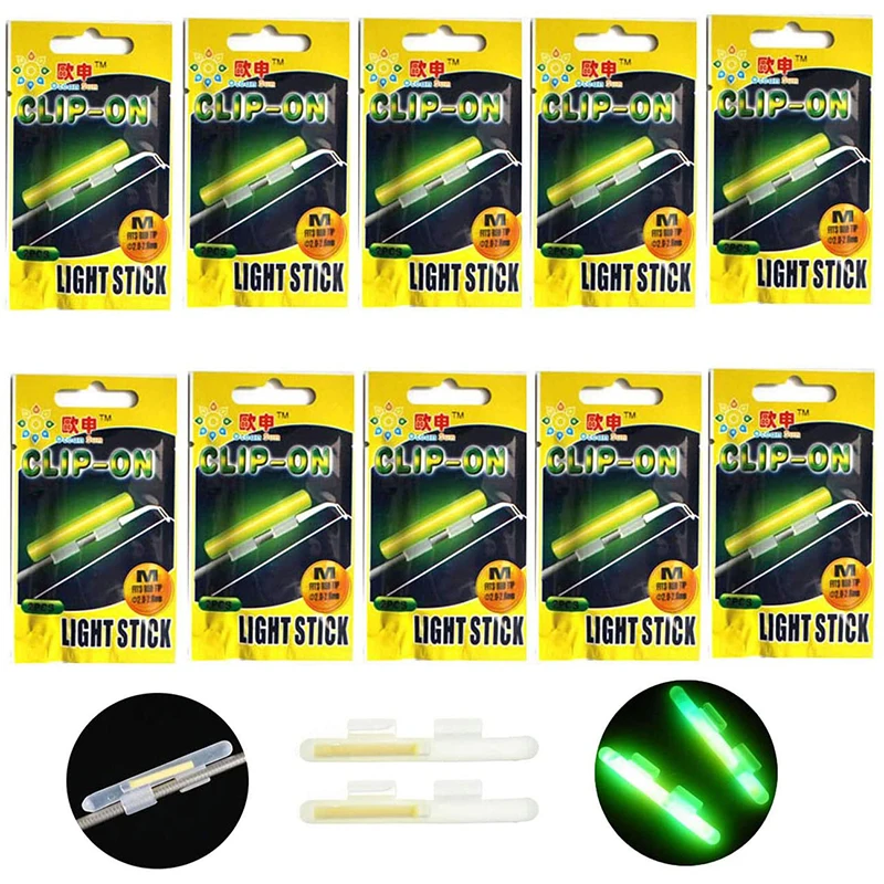 10PCS/5Bags Fishing Glow Sticks for Pole Green Fluorescent Tubes Luminous  Wand Light Stick Clip On Fishing Rod Tip S M L XL