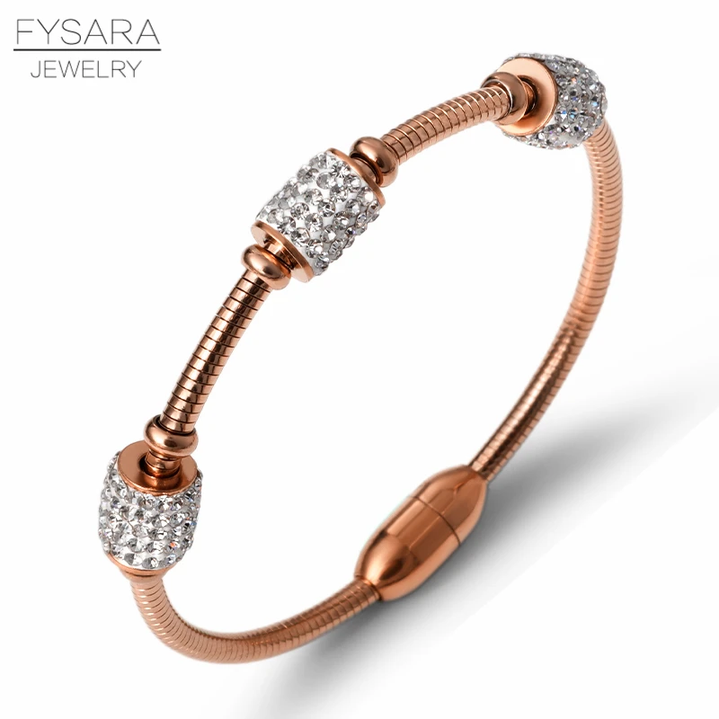 Rose Gold Color FYSARA Круглый AAA Очаровательные Кристаллы Браслеты и браслеты для женщин нержавеющая сталь магнитные браслеты с пряжкой модный кабель провода ювелирные изделия - Окраска металла: Rose Gold Color