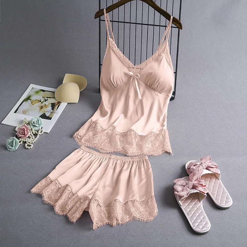 Women's Pajamas Set Home Suit Top and Shorts Sexy V-Neck Sleeveless Satin Lace Sleepwear Pijama Home Clothes for Women 2021