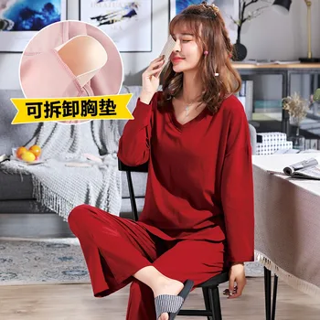 

2020 Spring Autumn 100% Cotton V-neck Pajama Sets Women Long Sleeve Sleepwear Suit Homewear Loungewear Pijama Mujer Home Clothes
