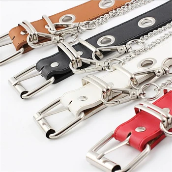 

2019 Women Belts Pin Buckle Solid Color Porous Hole Chain Punk Style Fashion Imitation Leather PU Belts for Women