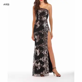 

Sexy Side Slit Party Dress Women Strapless Embroidery Sequin Evening Gowns Retro Vestidos One Shoulder Black Formal Long Dress