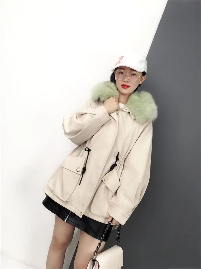 Back flowers embroidery letter real fur parka coat women thick rabbit fur lined short winter jacket real fox fur collar hood