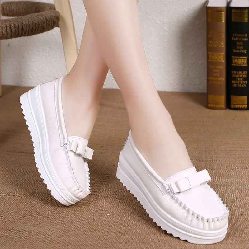 

Flat Platform Bowknot Women Autumn Moccasins Slip On Tassels Genuine Leather Casual Loafers Comfortable Shoes Female