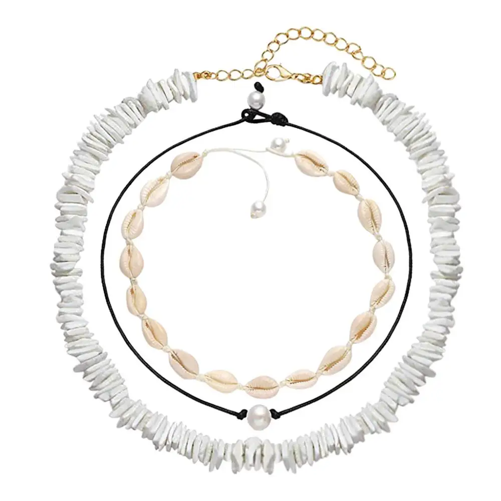 Shell Choker 3Pcs Adjustable Cord Necklace Set Pearl Necklace for Women Hawaiian Seashell Pearls Choker Necklace A1