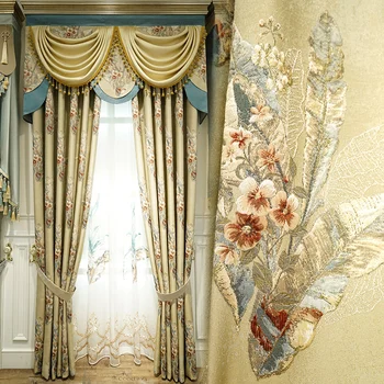 

Custom curtain European jacquard retro luxury living room high-grade yellow cloth blackout curtain valance tulle panel C202