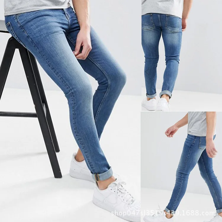 

Solid Blue Jeans for Man Slim Fit Denim Pencil Pants Classic Male Skinny Jean Designer Casual Stretch Jean Trousers Men Fashion