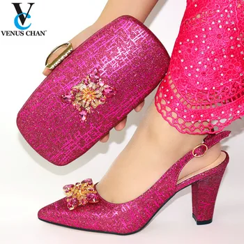 

New Arrivals Fuchsia Color African Matching Shoes and Bag Set with Shinning Crystal Comfortable Heels for Black Color Party