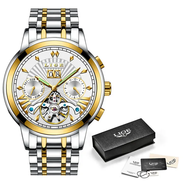 LIGE мужские часы, топ класса люкс, брендовые новые автоматические механические часы с турбийоном, мужские водонепроницаемые часы с каркасом, Montre Homme+ Box - Цвет: Rose gold white
