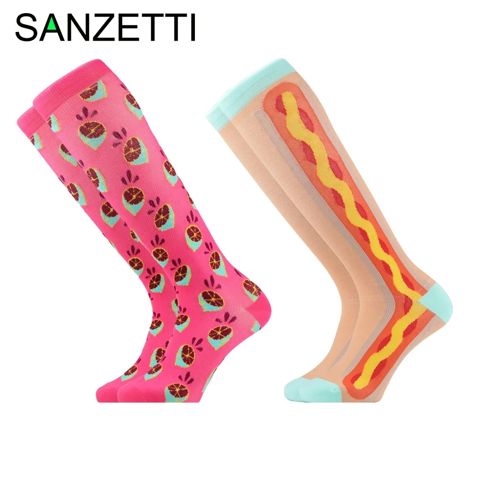 SANZETTI/2 пары в партии, женские эластичные компрессионные хлопковые носки с животным принтом, гольфы ниже колена, Длинные Веселые носки с защитой от усталости