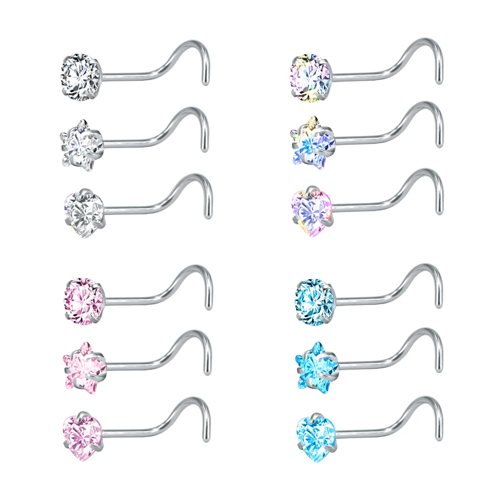 

ZS 22g CZ Crystal Nose Studs Sets 12PCS/3PCS Nose Rings Studs Set Stainless Steel Nose Piercing Screws Fashion Nose Septum Rings