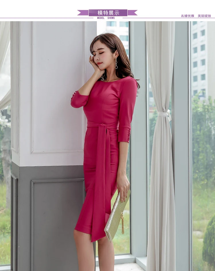 Autumn Winter Solid Color O-neck Lace-up Pencil Dress Women Slim Sheath Bodycon Dresses Elegant OL Work Wear Vestidos