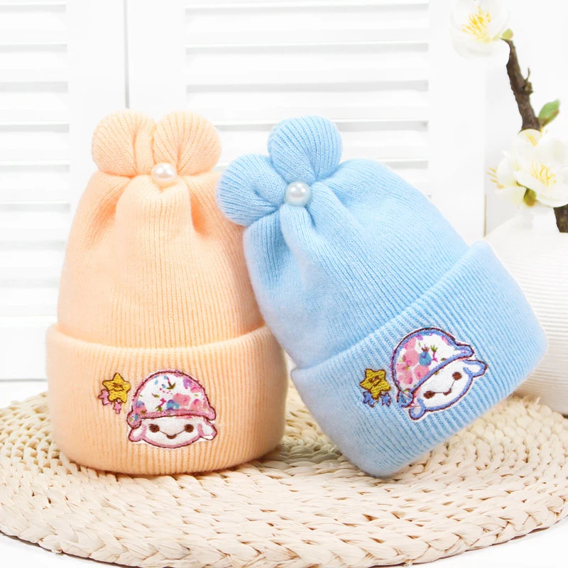 

Pearl Rabbit Ear Baby Hats Embroidery Wool Newborn Turban Beanie Warm Caps Soft Hat For Girls Boys Elastic Bonnet Autumn Winter