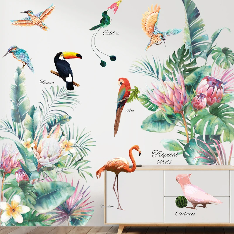 Tropical Green Leaves Flamingo Birds Wall Stickers Flowers Poster Plant Living Room Decor Decorative Vinyls Removable Home Decal | Дом и сад